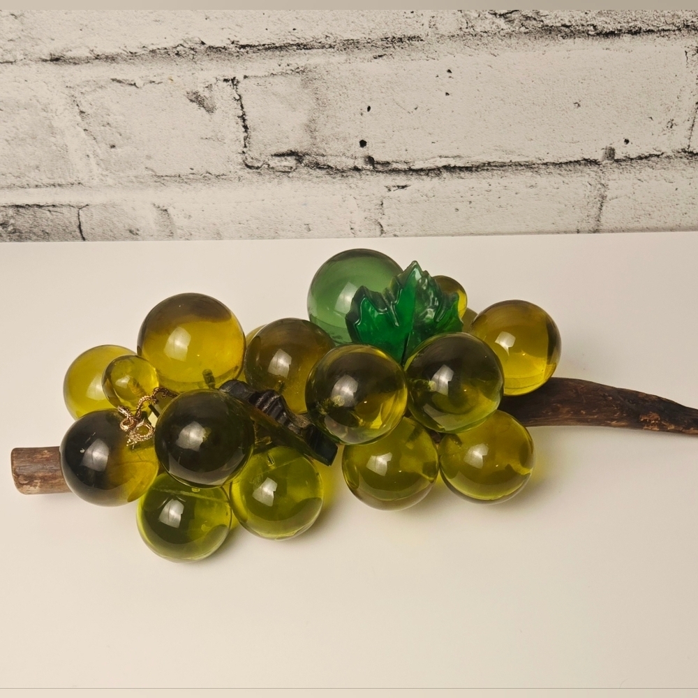 Vintage Green Glass Grape Cluster Sculpture on Wood Stem 13.5”